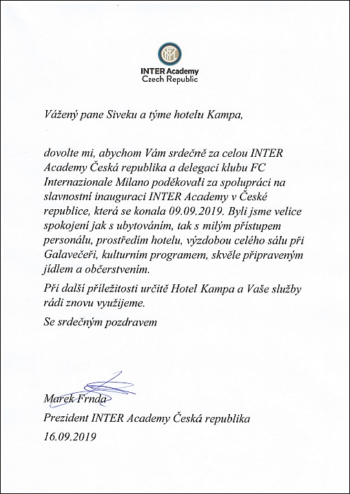 děkovný dopis - INTER Academy Milan